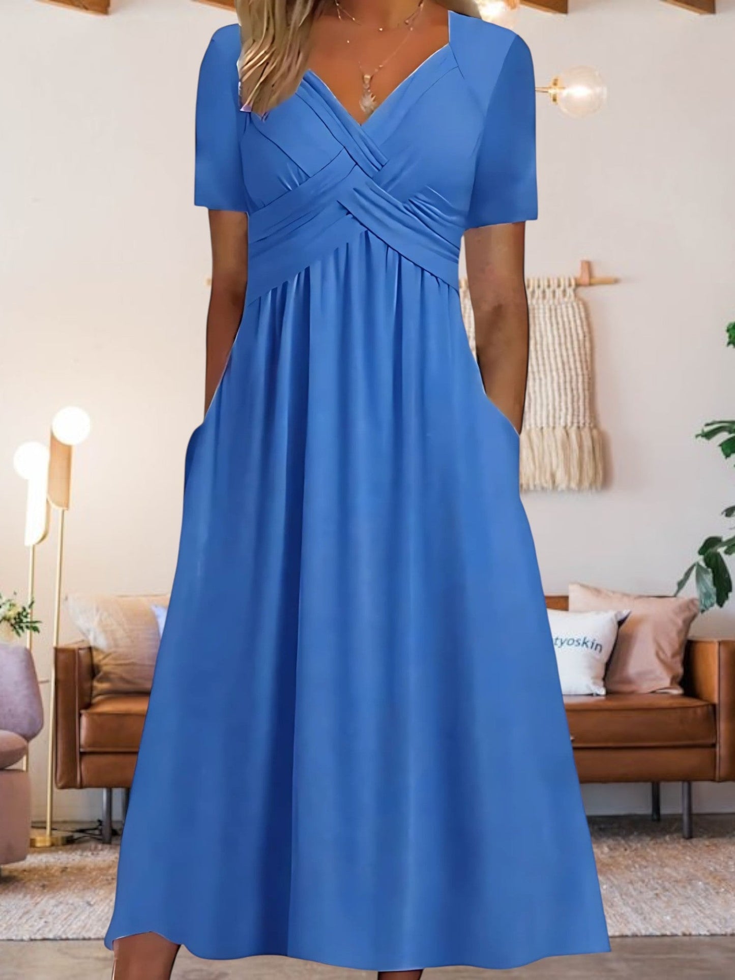 MW | Frauen V-Ausschnitt A-Line Midi Kleid mit kurzen Ärmeln