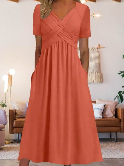 MW | Frauen V-Ausschnitt A-Line Midi Kleid mit kurzen Ärmeln