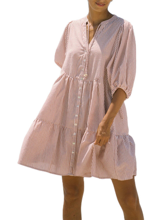 MW | French Pink Peter Pan Kragen Gestreifte Mid Shirts Kleid Halbe Ärmel