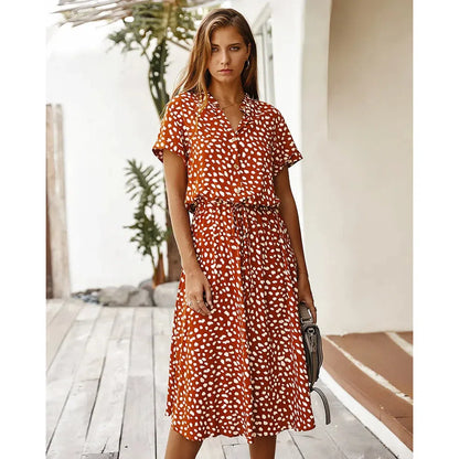 MW | Dots Print Weißes Kleid Frauen Sommer Kurzarm Tunika Boho Midi Kleider
