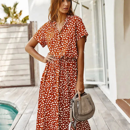 MW | Dots Print Weißes Kleid Frauen Sommer Kurzarm Tunika Boho Midi Kleider