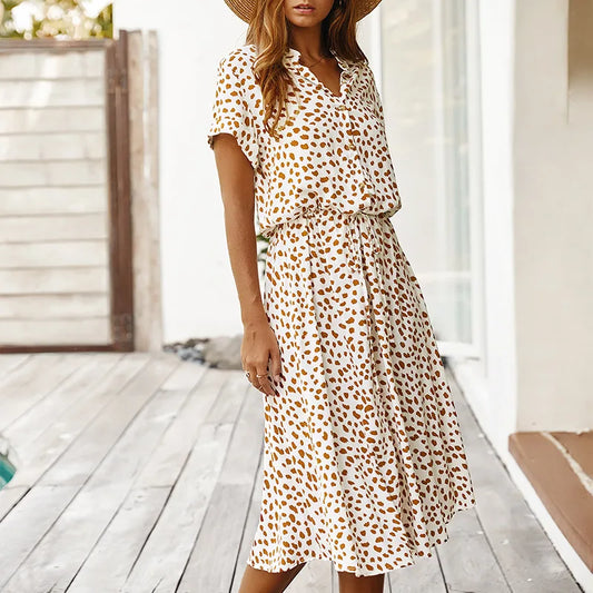 MW | Dots Print Weißes Kleid Frauen Sommer Kurzarm Tunika Boho Midi Kleider