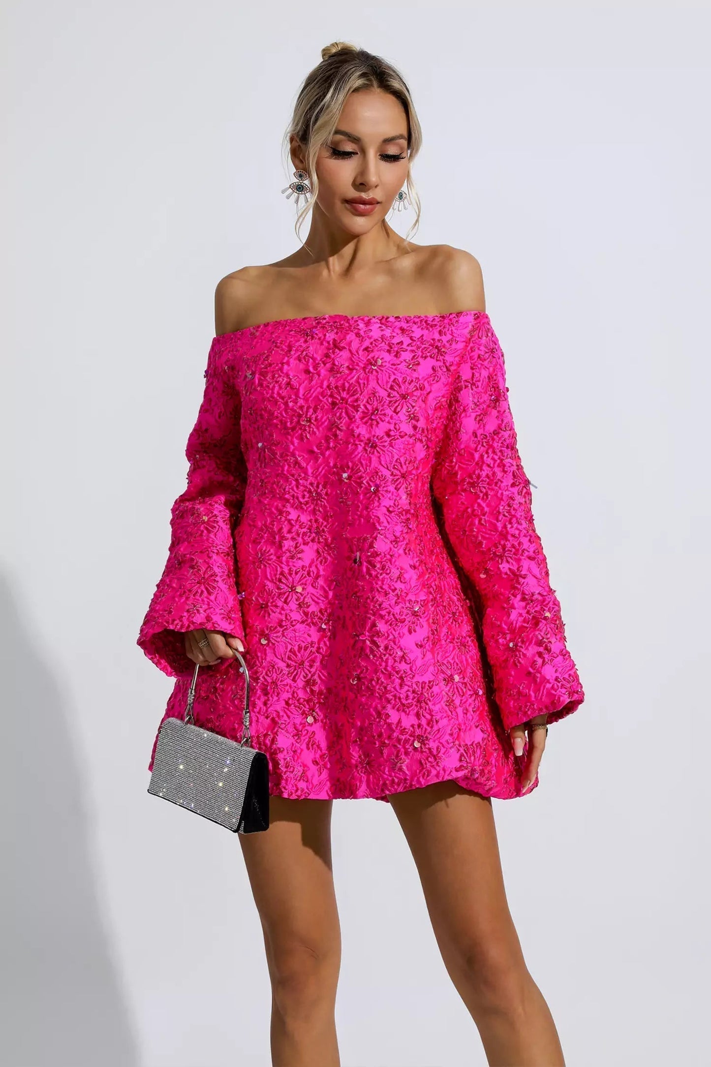 MW | Off-shoulder Kleid mit Blumenmuster rosa