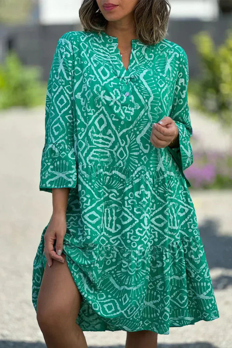 MW | Freizeitkleid mit geometrischem Druck und Knöpfen, V-Ausschnitt, Tortenrock