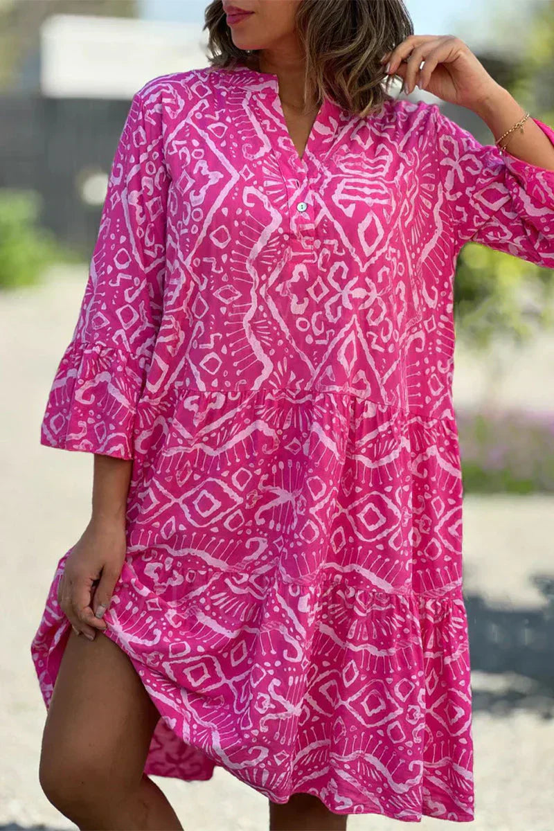 MW | Freizeitkleid mit geometrischem Druck und Knöpfen, V-Ausschnitt, Tortenrock