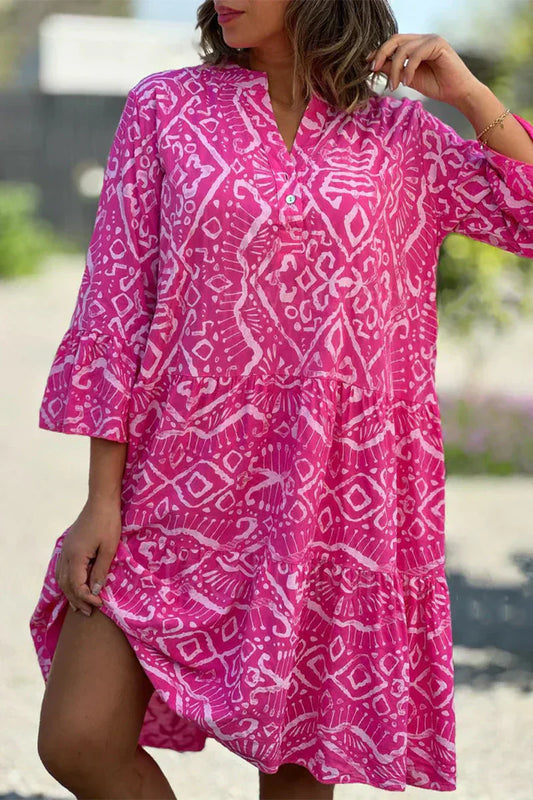 MW | Freizeitkleid mit geometrischem Druck und Knöpfen, V-Ausschnitt, Tortenrock