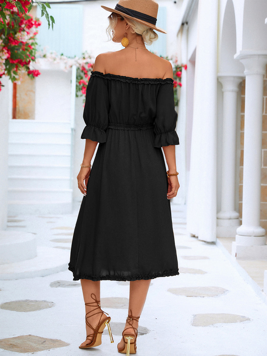MW | Gekräuseltes schulterfreies Midikleid mit Volantärmel
