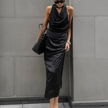 MW | Damen Neckholder Midikleid - Satin - Slim Fit - Drapierter Ausschnitt - Formelle Kleidung