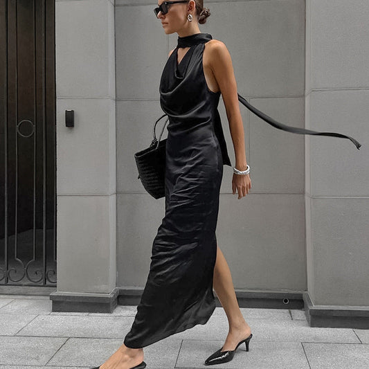 MW | Damen Neckholder Midikleid - Satin - Slim Fit - Drapierter Ausschnitt - Formelle Kleidung