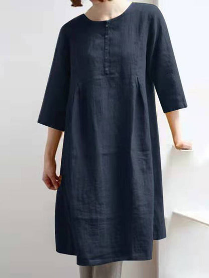 MW | Retro Baumwolle Leinen Solid plissiert halbe Ärmel Minikleid