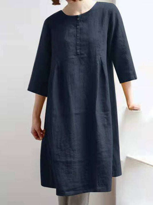 MW | Retro Baumwolle Leinen Solid plissiert halbe Ärmel Minikleid