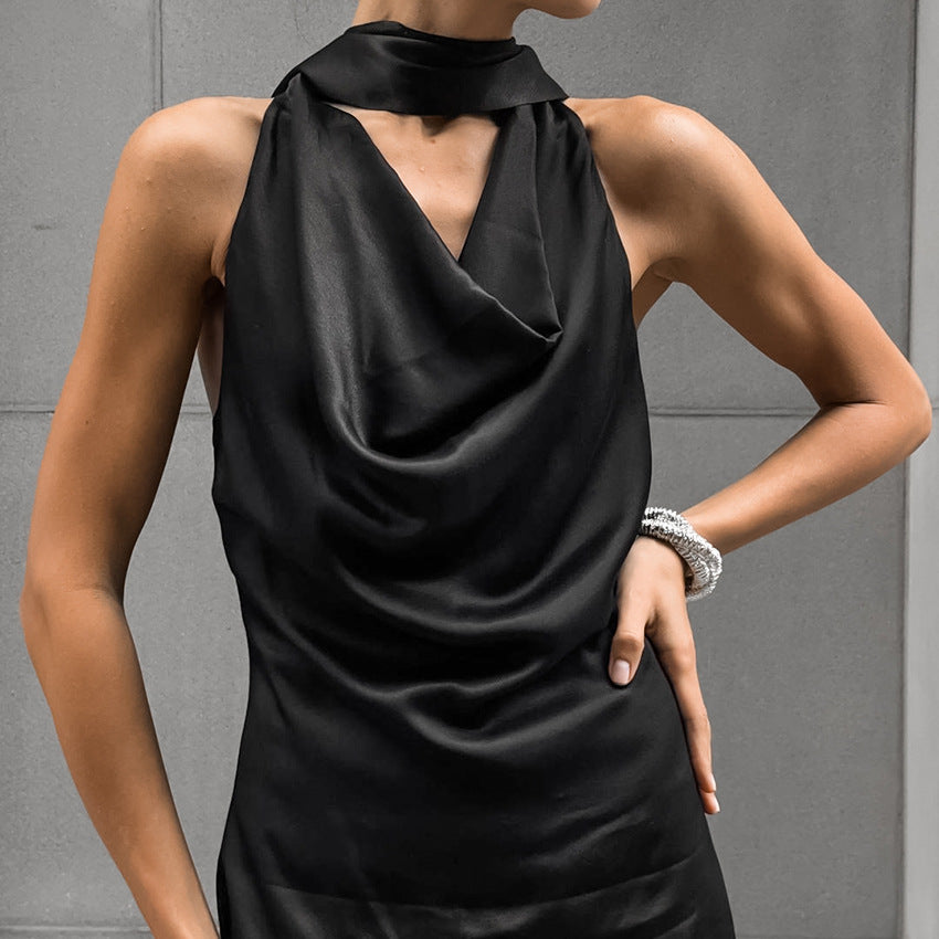 MW | Damen Neckholder Midikleid - Satin - Slim Fit - Drapierter Ausschnitt - Formelle Kleidung