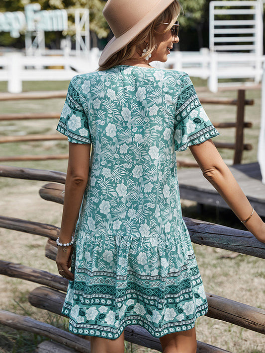 MW | Bohemian V-Ausschnitt Kurzarm-Minikleid
