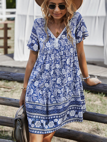MW | Bohemian V-Ausschnitt Kurzarm-Minikleid