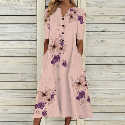 MW | Damen Midikleid - V-Ausschnitt - Knopfleiste - kurze Ärmel - floraler Schmetterlingsdruck - Taschen