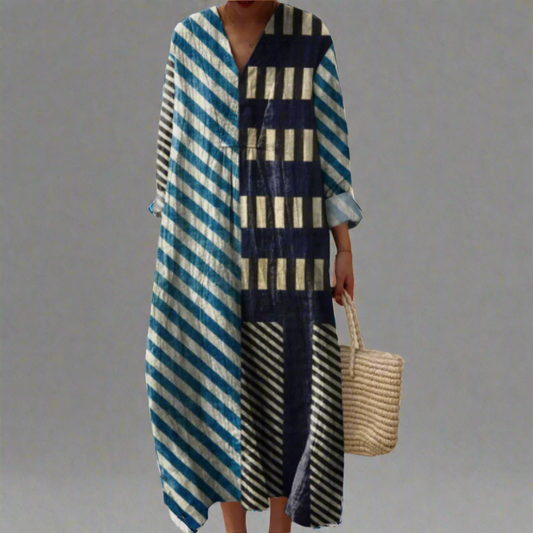 MW | Modernes gestreiftes Midi-Kleid in Patchwork-Optik