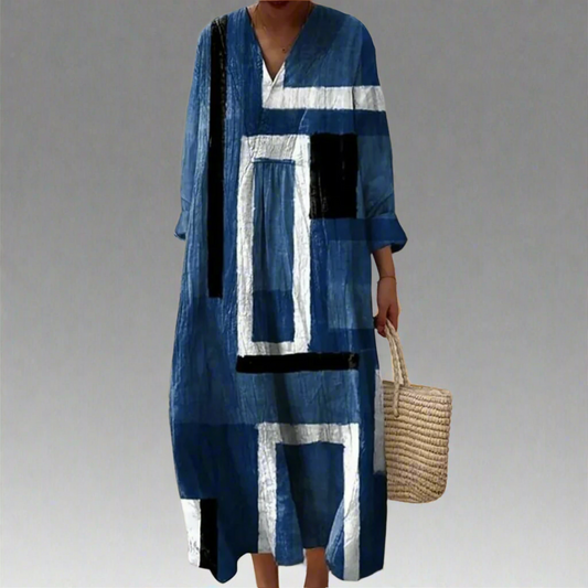 MW | Weites Maxikleid in abstraktem Marineblau