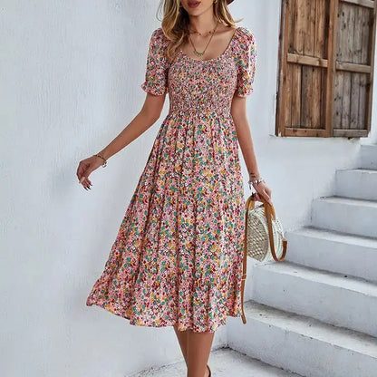 MW | Bohemia Print Kleid Frauen Neu Sommer Midikleid Puffärmel