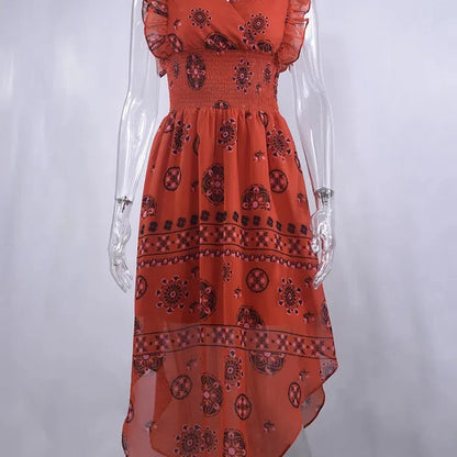 MW | Sommer Frauen Vintage Muster Smocked Ruffle Midi Kleid