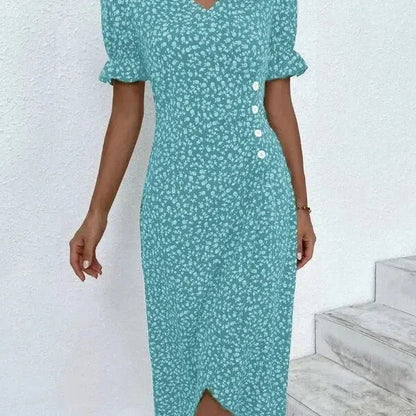 MW | Frühling Floral Bodycon Midikleid für Frauen V-Ausschnitt Langarm