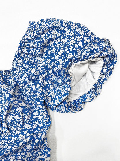 MW | Damen Boho Ditsy Floral Print Ruched Split Oberschenkel Midi Kleid mit Puffärmeln und quadratischem Ausschnitt für Sommer und Urlaub