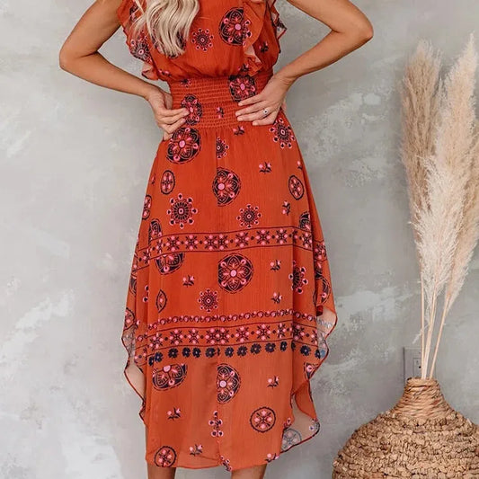 MW | Sommer Frauen Vintage Muster Smocked Ruffle Midi Kleid