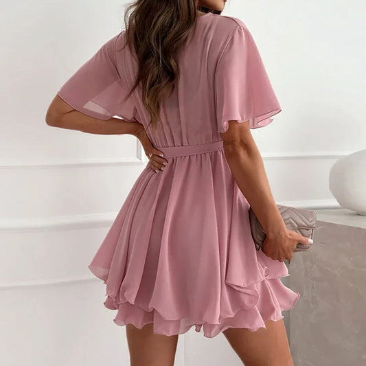 MW | Weiß Chiffon Frauen Kleid für Sommer Kurzarm Slim Fit Vintage Party Formal Midi Kleid