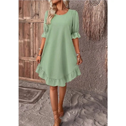 MW | Solide Farbe Lässig Lose Kurze Kleider Für Frauen Sommer A-Linie Midi-Kleid