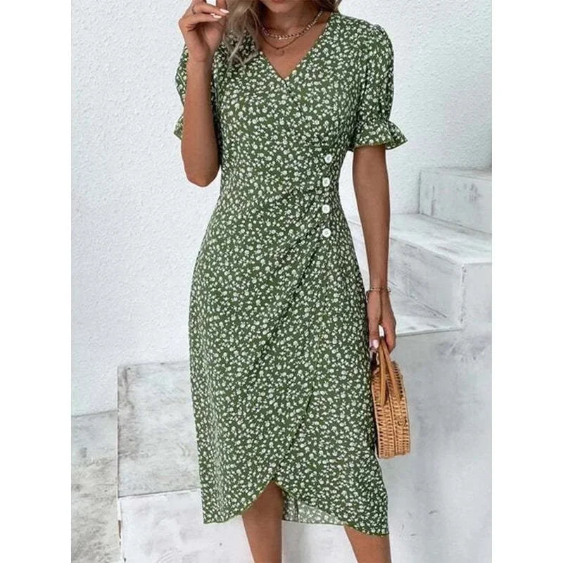 MW | Frühling Floral Bodycon Midikleid für Frauen V-Ausschnitt Langarm