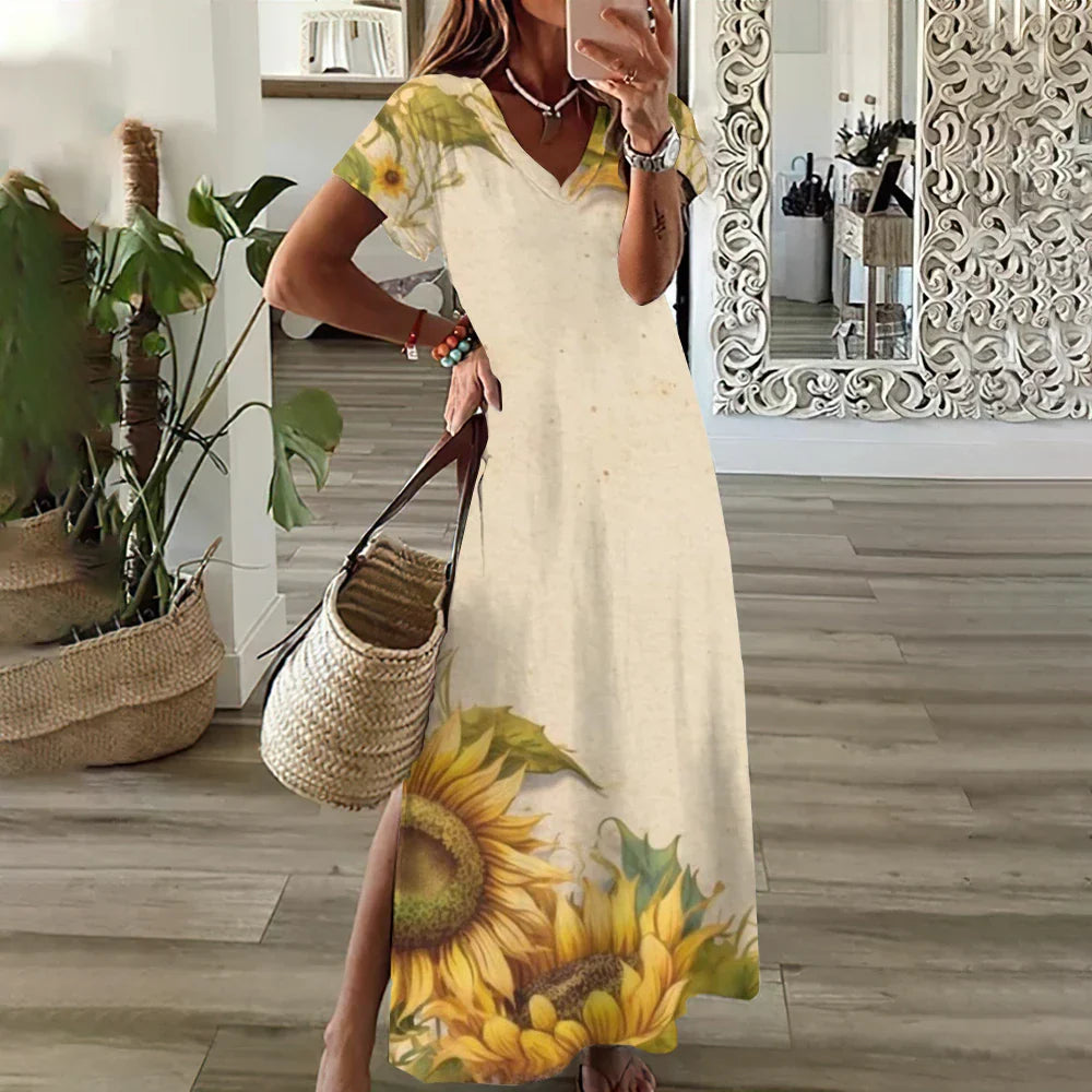 MW | Sunflower Print Floral Graphic Kleider für Frauen Plus Größe Elegantes Midi Kleid