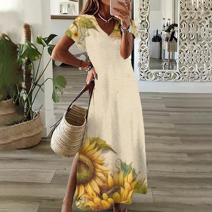 MW | Sunflower Print Floral Graphic Kleider für Frauen Plus Größe Elegantes Midi Kleid