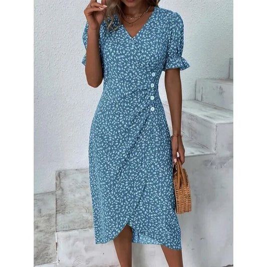 MW | Elegantes florales plissiertes Midikleid mit Puffärmeln und V-Ausschnitt