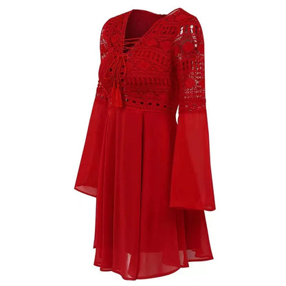 MW | Women's A Line Kleid Kurzes Minikleid Langarm Rüschen V-Ausschnitt
