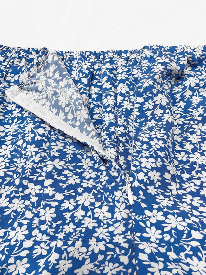 MW | Damen Boho Ditsy Floral Print Ruched Split Oberschenkel Midi Kleid mit Puffärmeln und quadratischem Ausschnitt für Sommer und Urlaub