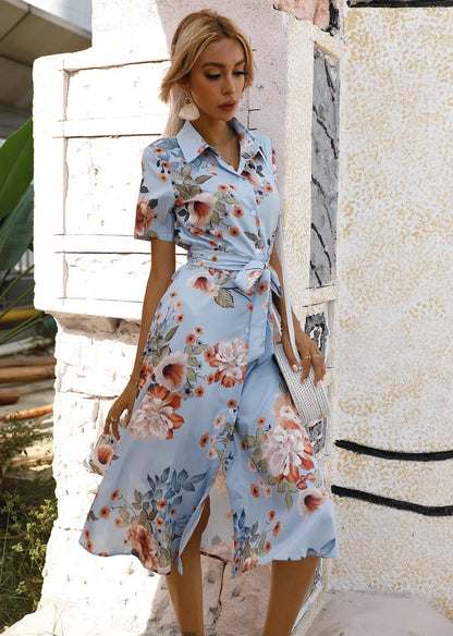 MW | Frühling Sommer Frauen Floral Print Midi-Kleid mit kurzen Ärmeln und Turn Down Kragen für Casual Party und Outing