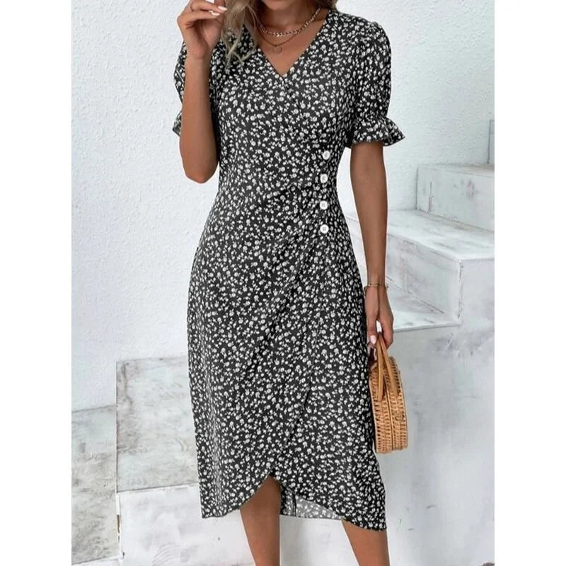 MW | Frühling Floral Bodycon Midikleid für Frauen V-Ausschnitt Langarm