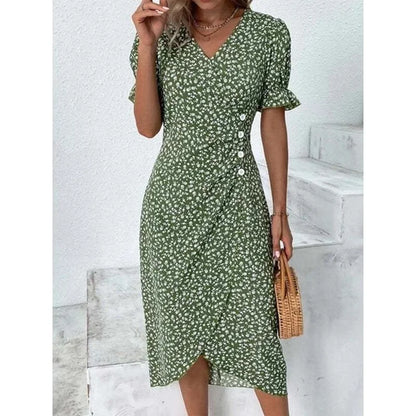 MW | Elegantes florales plissiertes Midikleid mit Puffärmeln und V-Ausschnitt