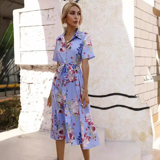 MW | Frühling Sommer Frauen Floral Print Midi-Kleid mit kurzen Ärmeln und Turn Down Kragen für Casual Party und Outing