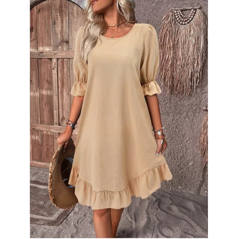 MW | Solide Farbe Lässig Lose Kurze Kleider Für Frauen Sommer A-Linie Midi-Kleid