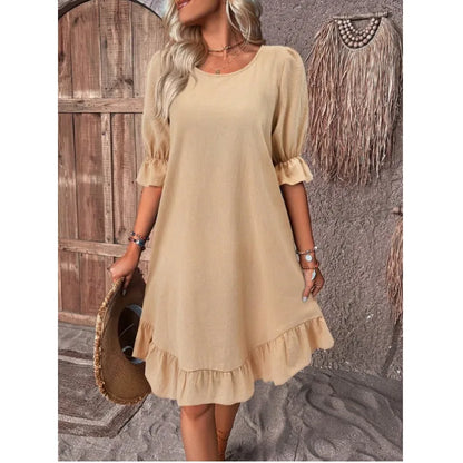 MW | Solide Farbe Lässig Lose Kurze Kleider Für Frauen Sommer A-Linie Midi-Kleid
