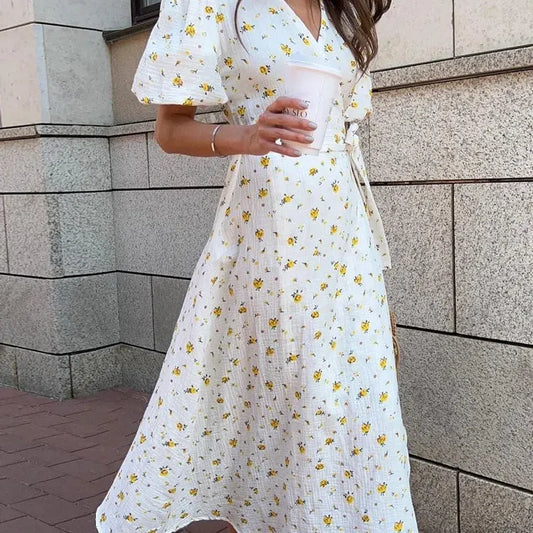 MW | Casual Damen Sommerkleider 100% Baumwolle Floral Print A-Linie Midi Kleid mit Seitenschlitzen Langes Elegantes Weißes Kleid