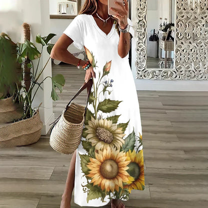 MW | Sunflower Print Floral Graphic Kleider für Frauen Plus Größe Elegantes Midi Kleid