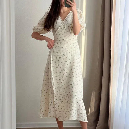 MW | Casual Damen Sommerkleider 100% Baumwolle Floral Print A-Linie Midi Kleid mit Seitenschlitzen Langes Elegantes Weißes Kleid