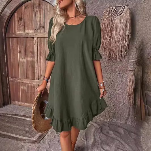 MW | Solide Farbe Lässig Lose Kurze Kleider Für Frauen Sommer A-Linie Midi-Kleid