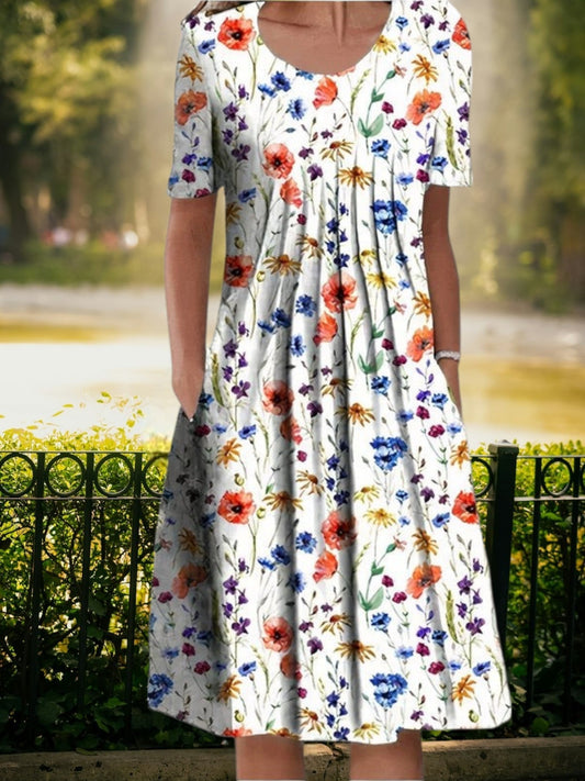 MW | Sommerliches Midikleid mit Rundhalsausschnitt, kurzen Ärmeln und lockerer Passform
