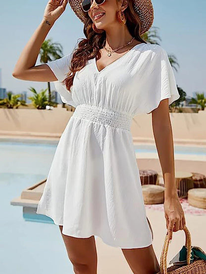 MW | 2024 Solides lockeres weißes Strandkleid Damen Boho Minikleid