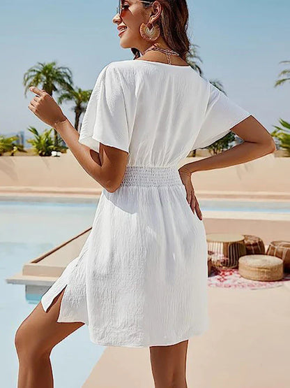 MW | 2024 Solides lockeres weißes Strandkleid Damen Boho Minikleid