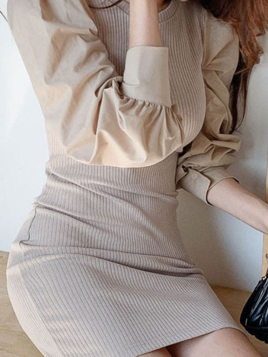 MW | Patchwork Langärmeliges Strick-Midi Kleid