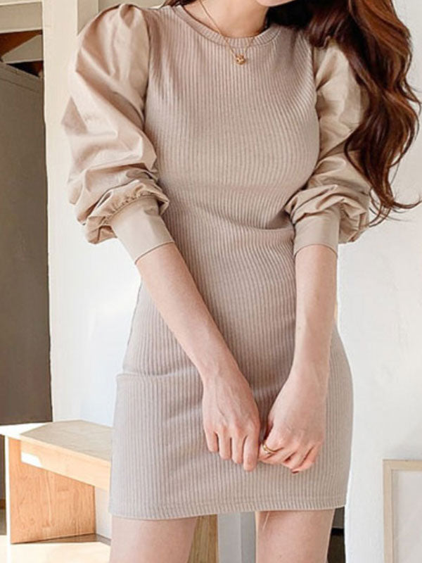 MW | Patchwork Langärmeliges Strick-Midi Kleid