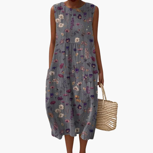 MW | Damen ärmelloses Midikleid mit Blumendruck und Taschen